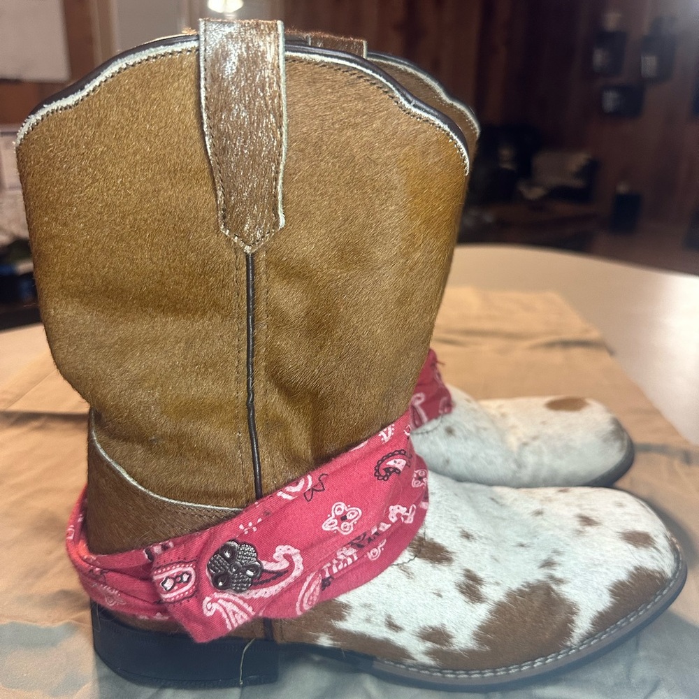 Brown and White Youth 5.5 Cowboy Boots with Red Bandana